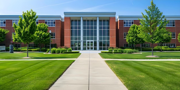典型的なアメリカの学校の建物レンガの正面草の囲い学生のための招待的な入り口コンセプト建築教育学校の建物のデザイン正面