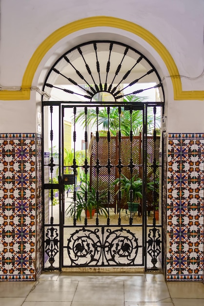 Typical Andalusian patio with its green plants in pots metal grilled doors and colorful tiles Ecija Sevilla