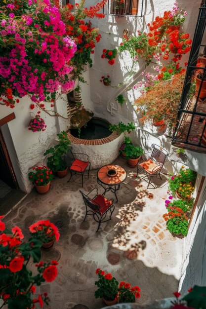 Typical Andalusian patio with tables chairs and flowers