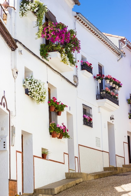 Photo typical andalusian village street with whitewashed facades and balconies with flowers fuenteheridos sierra de aracena huelva andalusia spain