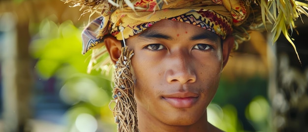 Typical Balinese headdress with a young adult wearing it close up