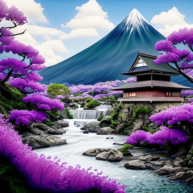 A typical beautiful japanese house in a beautiful landscape in the background