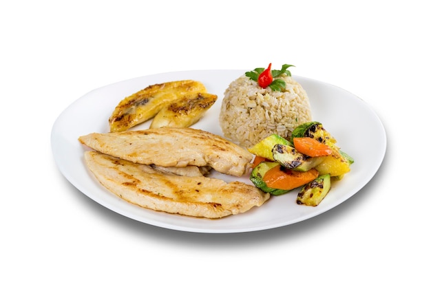 Typical brazilian food, executive dish, food menu. chicken\
breast and rice. white background.