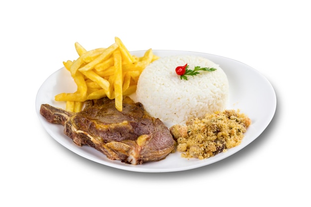 Typical brazilian food, executive dish, food menu. rib, rice,\
beans, potato and crumbs. white background.