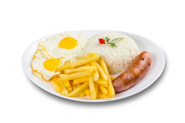 Typical brazilian food, executive dish, food menu. sausage,\
rice, beans, potato and crumbs. white background.