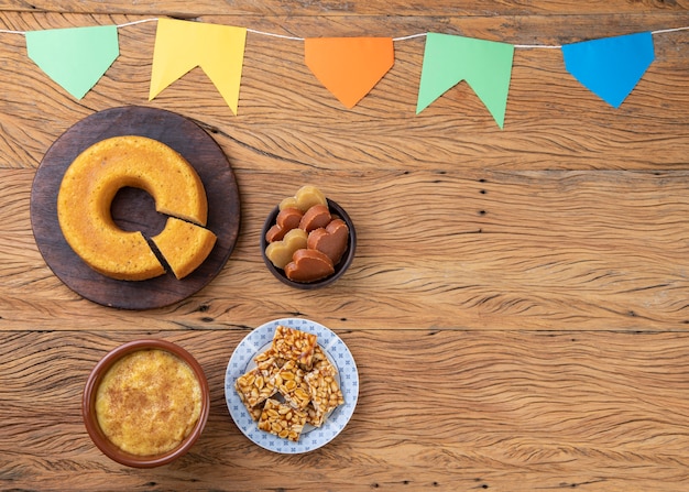 Typical brazilian june festival food. Festa junina with copy space.