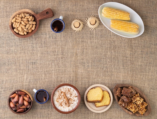 Typical brazilian june festival food over jute fabric Festa junina with copy space