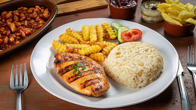 Типичный бразильский обед с рисом и бобами, жареным куриным филе и картошкой фри