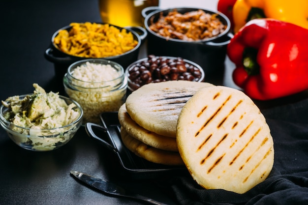 Typical breakfast of Venezuela and Colombia, Arepas with many ingredients to fill them