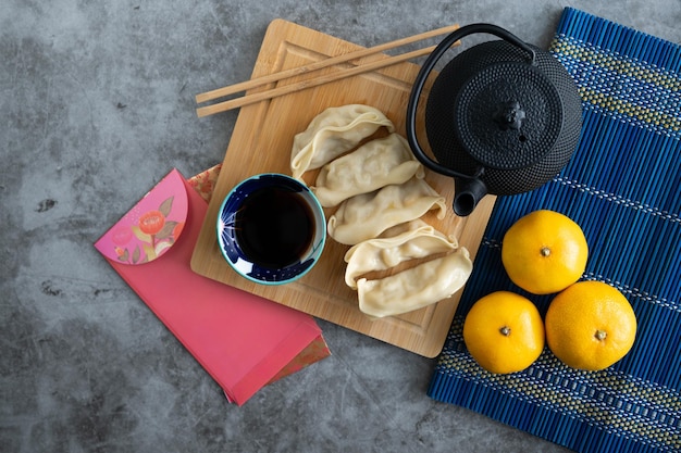 大理石の背景に典型的な中国料理 中国新年 東洋料理 アジア料理 コピースペーストップビュー