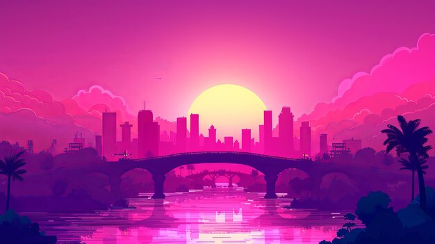 写真 typical city skyline with skyscrapers on the horizon and highways overpassing a lake or river at sunset modern cartoon landscape of sea island and city skyscrapers in pink early morning light