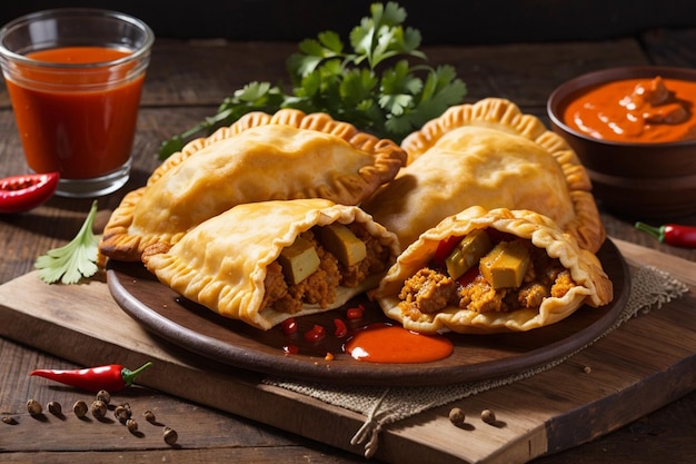 Typical Colombian food fried empanadas with sauce