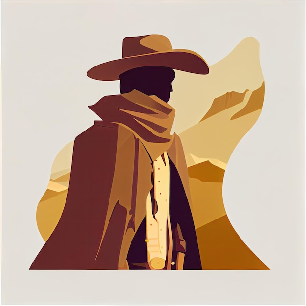 Typical Cowboy in Shawl Wild West Bandit in Traditional Stetson Hat Anonymous Cowboy Silhouette Flat Color Image AI Generative illustration