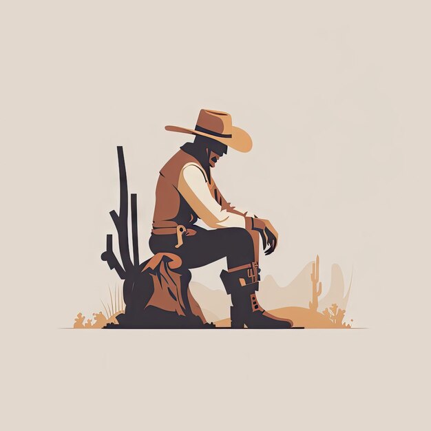 Типичный ковбойский бандит Дикого Запада в традиционной шляпе Стетсон и шали Ковбойское плоское цветное изображение AI Генеративная иллюстрация