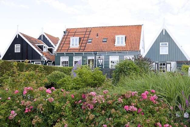 Фото Типичная голландская деревенская сцена с деревянными домами на острове маркен в нидерландах