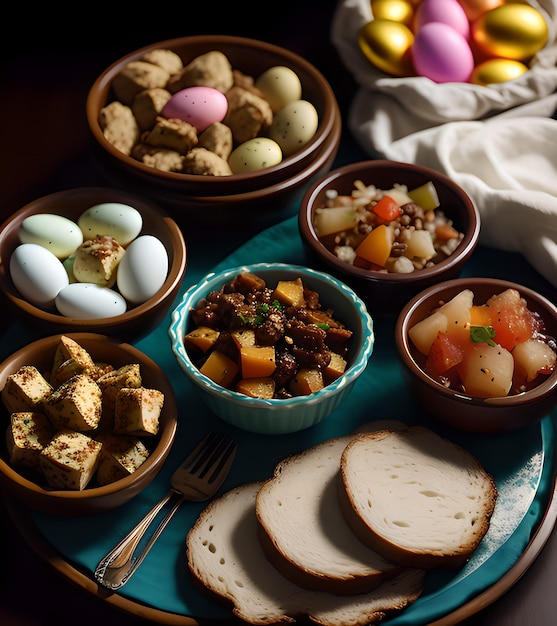 Photo typical easter food dishes in the usa roast lamb easter bread chocolate eggs easter ham