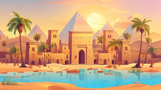 아침이나 일몰의 모래 언덕과 함께 전형적인 이집트 사막 풍경 스카이라인에 나무와 모래에 피라미드와 함께 만화 현대 풍경 고대 아프리카의 여름 장면