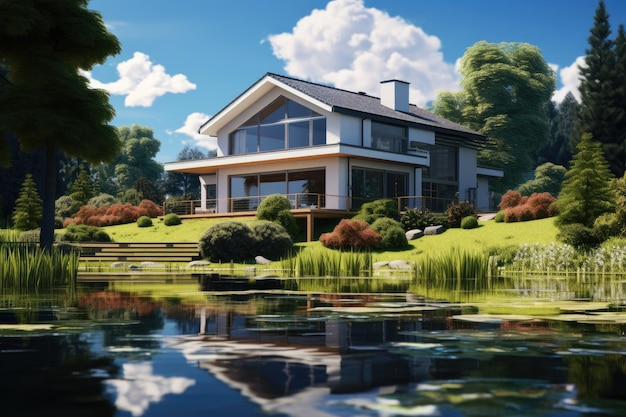 Photo the typical exterior appearance of a contemporary suburban house located by a pond during midday