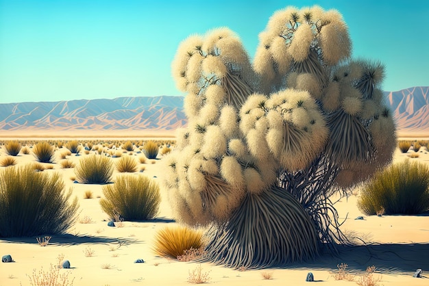 Typical flora of the desert including cacti a tree and a