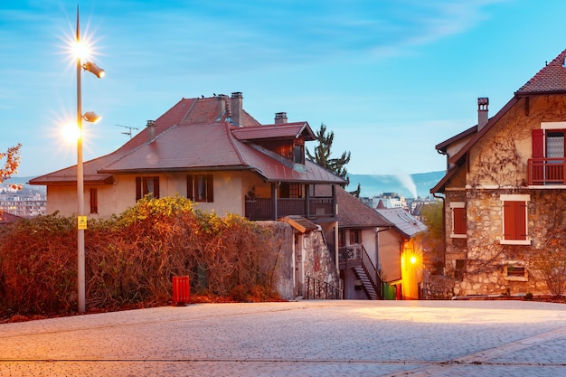 Typical french houses in old town of annecy during morning blue hour france