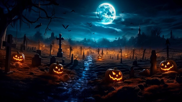 typical halloween background with graveyard at night and glowing carved pumpkins generated with ai