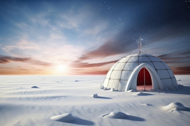 Foto tipico igloo su una pianura innevata e luce laterale inoltre c'è un palo di natale generativo ai