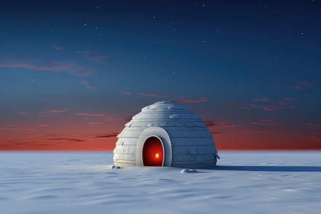 Photo typical igloo on a snowy plain and side light in addition there is a christmas pole generative ai