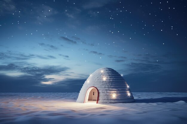 Foto iglu tipico su una pianura innevata e luce laterale inoltre c'è un palo di natale generativo ai