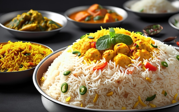 고기 가 많이 들어 있는 전형적 인 인도 비리아니  은 다른 음식 메뉴 와 함께 테이블 에 맛있게 보입니다.