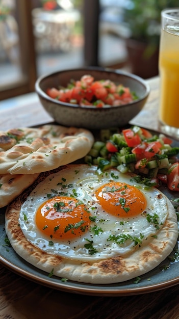 Foto una tipica colazione israeliana con due uova su un piatto e un'insalata accanto nella ciotola