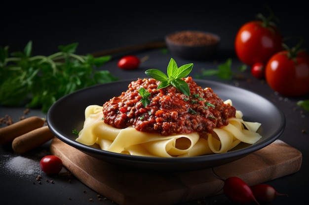 Foto piatto tipico italiano di pasta casalinga con salsa bolognese