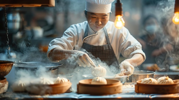 Over a typical kitchen setting lady Chinese chef is steaming buns satisfying herself Generative Ai