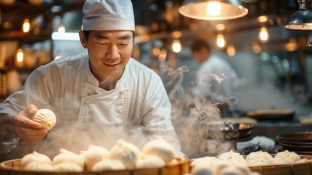 典型的なキッチン設定の上で男性の中国人シェフが蒸しパンを蒸し完璧なパンとスペースを満足させています