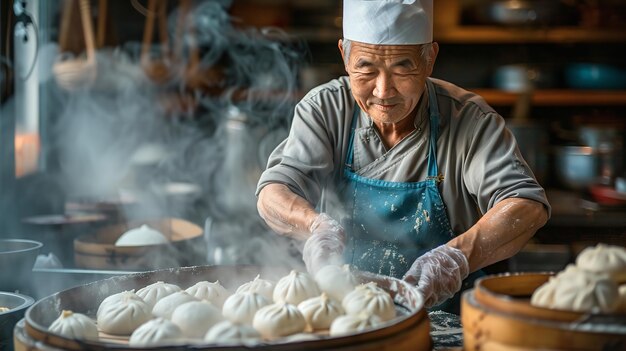 Over a typical kitchen setting a male Chinese chef is steaming buns satisfying himself with perfect buns and space Generative AI