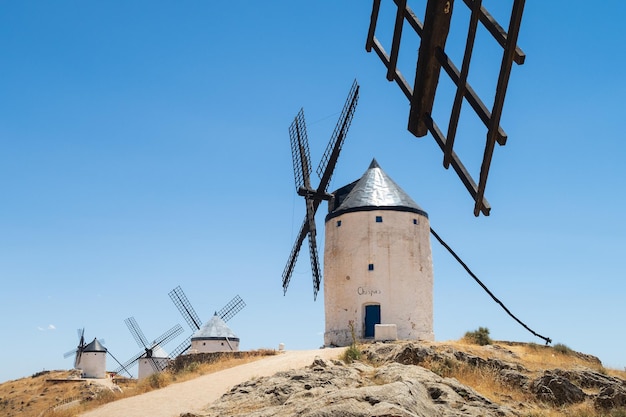 Typical landscape of La Mancha with windmills in Consuegra Toledo Spain