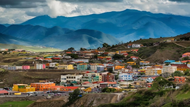 Typical landscape of quindio colombia colourful houses with mountains in background