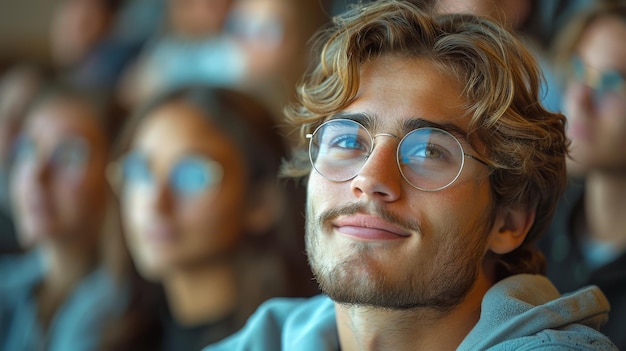 Typical male student in a university class looking away and smiling Male student in high school class listening to a lecture while smiling