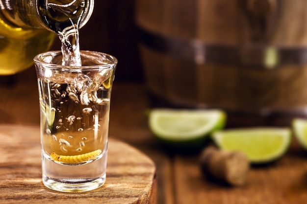 Typical mexican drink bottle filling a glass of mezcal (or mescal), a rare mexican distilled beverage that contains an aphrodisiac larva or worm inside