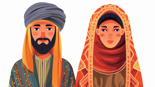 Typical Moroccan family couple in traditional Moroccan clothing and attire Arabic couple wearing headscarves traditional clothing and katan Printed modern illustration isolated on white