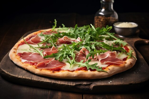 A typical neapolitan pizza with cured ham parmesan cheese and arugula made with sourdough