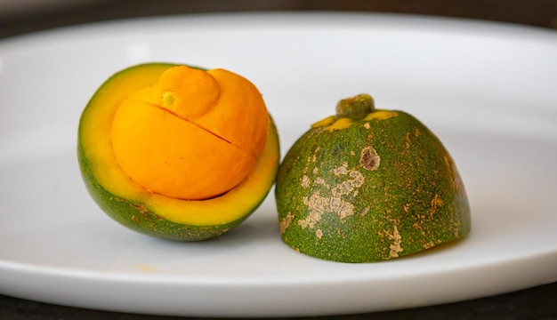 Typical ripe pequi fruit caryocar brasiliense in fine details and selective focus