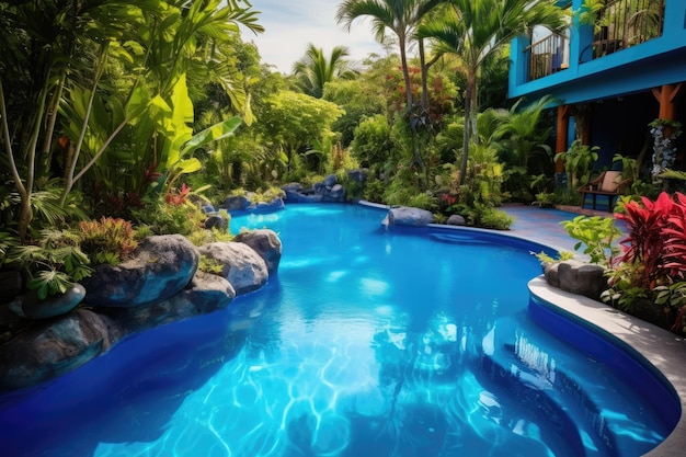 A typical saltwater pool in a tropical environment featuring a vibrant blue color The pool is surrou