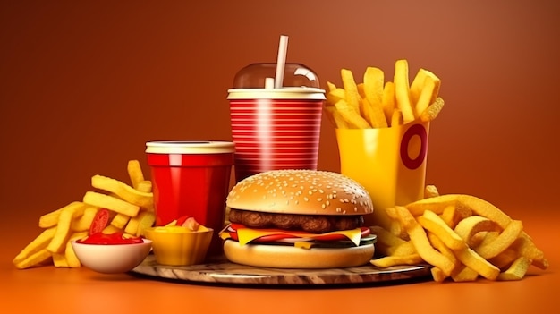 Typical set of fast food on a wooden table Beef burger a bowl of salty french fries ketchup and a