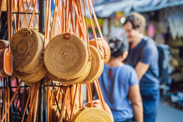 Typical souvenir shop selling souvenirs and handicrafts of bali at the famous ubud market indonesia