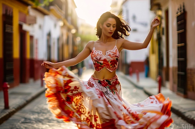 スペイン の 典型 的 な 踊り手 が フラメンコ を 踊り,動き の 感覚 を 抱い て いる