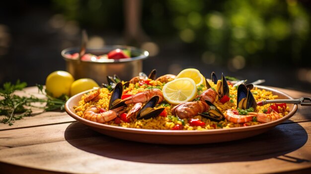 Foto paella tipica spagnola a base di frutti di mare generata da una rete neurale pan-tradizionale