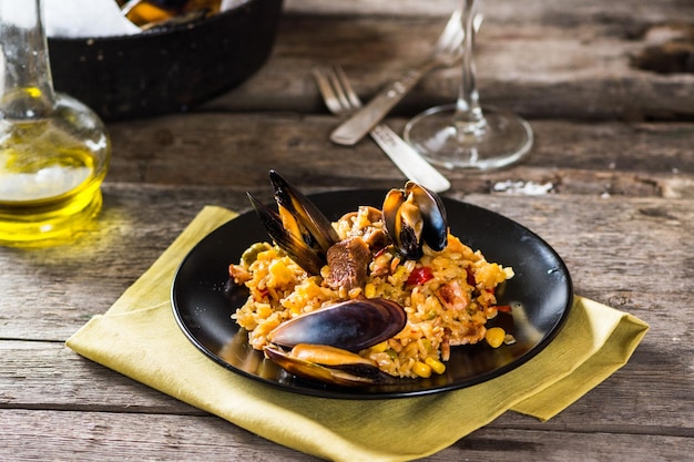 Typical spanish seafood paella in traditional pan Spanish food Valencian dish Rice with seafood