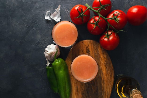 Typical spanish tomato soup andalusian gazpacho with fresh vegetables