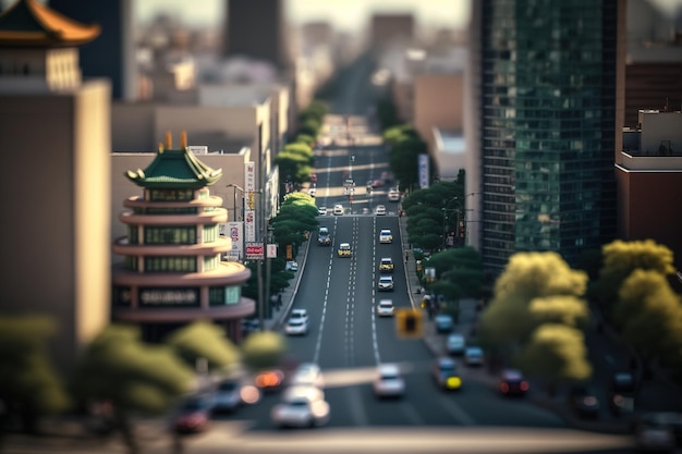 A typical street in an Asian city in tiltshift style with narrow focus and mockup appearance Ai generated