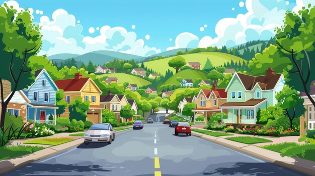 Typical suburban scene with row houses and cars on the road Cartoon modern suburban scene with cottage buildings Street with neighborhood homes on a country road